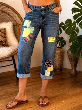 Patchwork Denim Capri Pants, Upcycled Gap Summer Patch Cropped Jeans 30 Waist